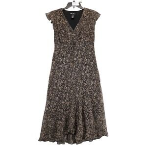 Meghan Matthews Black Floral Maxi Dress Sz 8 Chiffon Overlay Flutter Sleeve Boho